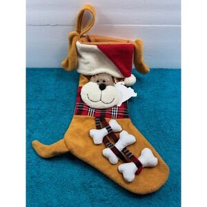 Plush Dog Christmas Stocking Puppy with‎ 3D Bones and Plaid Collar Tan Red